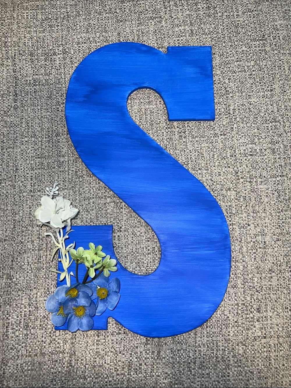 Handmade/handpainted Blue Wooden Letter S with Floral Accent